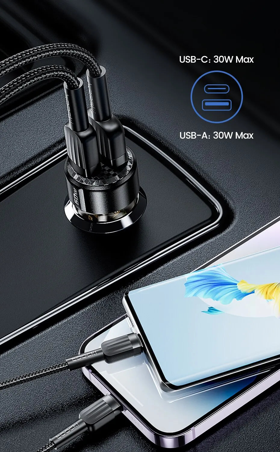 Toocki 60W Car Charger 30W Quick Charge Transparent Case PD 27W for iPhone 15 14 13 12 Xiaomi Poco Samsung Fast Charger Charging