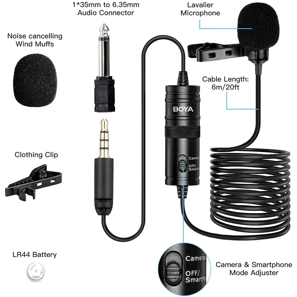 BOYA BY-M1 Condenser Lavalier Lapel Clip-on Microphone 3.5mm TRRS 6M Mic For PC iphone DSLR Camera YouTube Recording Streaming - WinSupport Tech