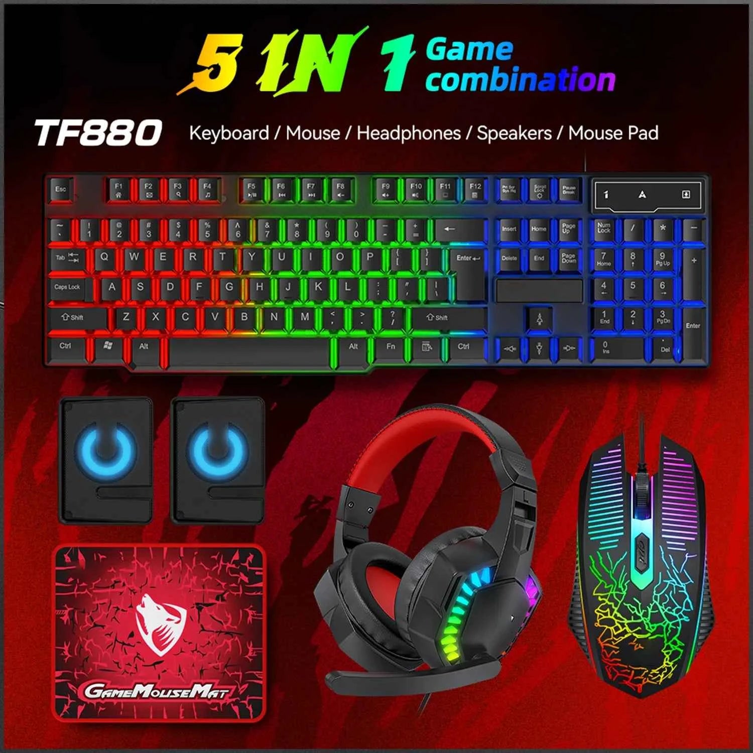 5-in-1 Set Gaming Combo Keyboard 4-color Breathing Light Mouse 3.5mm Gaming Headset Gaming Speaker Anti-slip Mouse Pad NEW HOT
