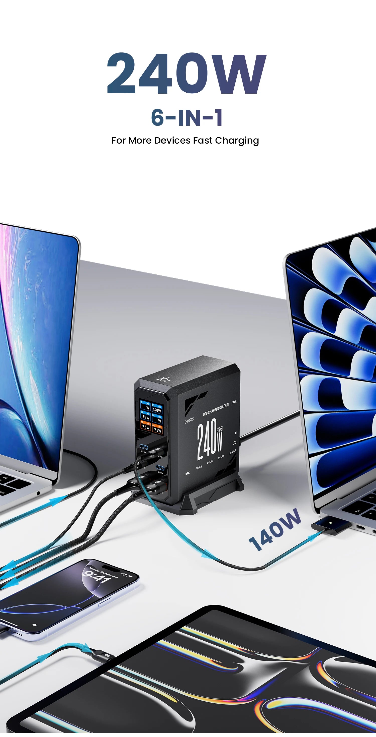ASOMETECH 240W GaN Fast Charging Station 6 in 1 140W PD3.1 USB Type C PD QC3.0 PPS Desktop Charger For MacBook iPhone 16 Samsung