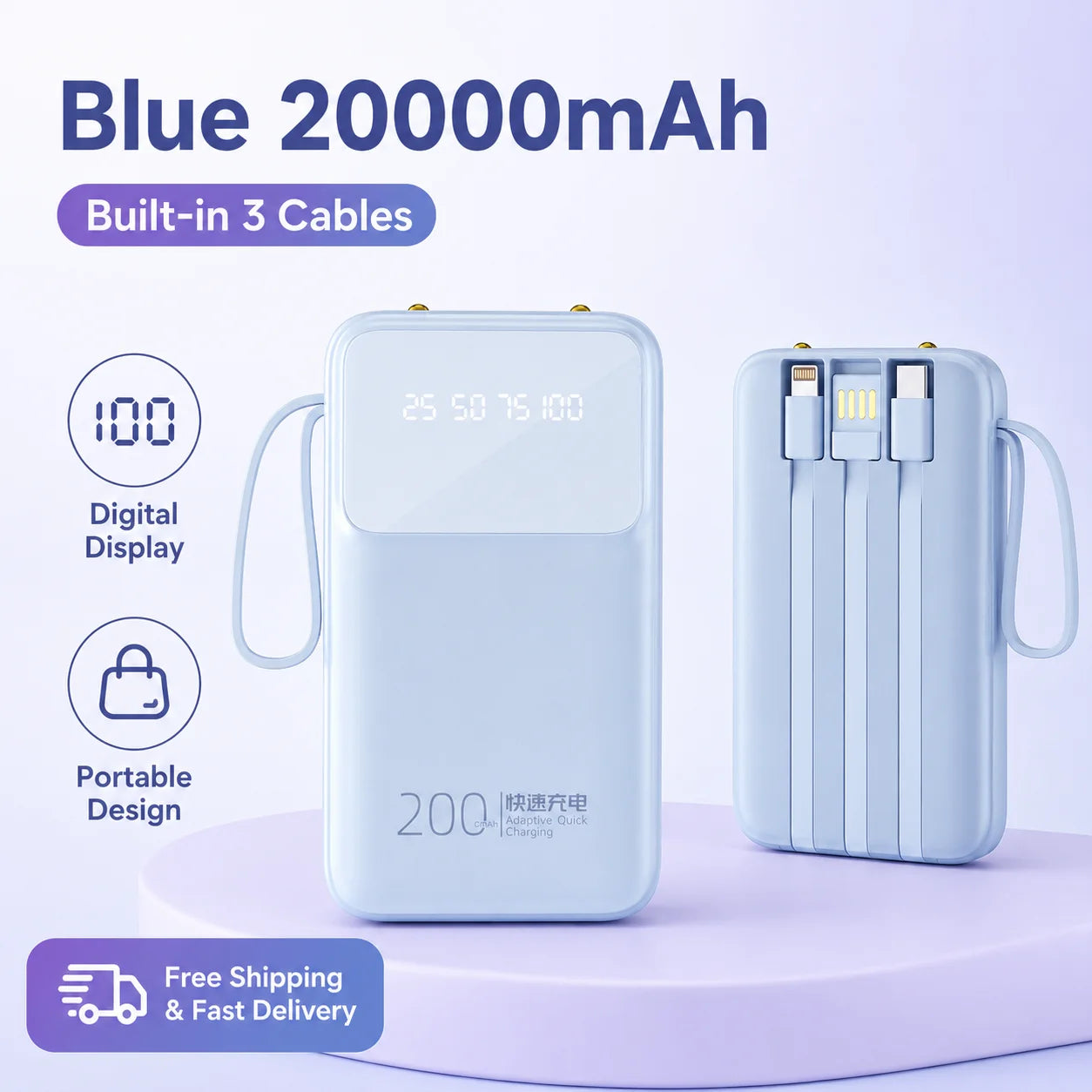 20000mAh Portable Power Bank Built-in 3 Cables Rechargeable External Battery Pack with Digital Display for iPhone Android