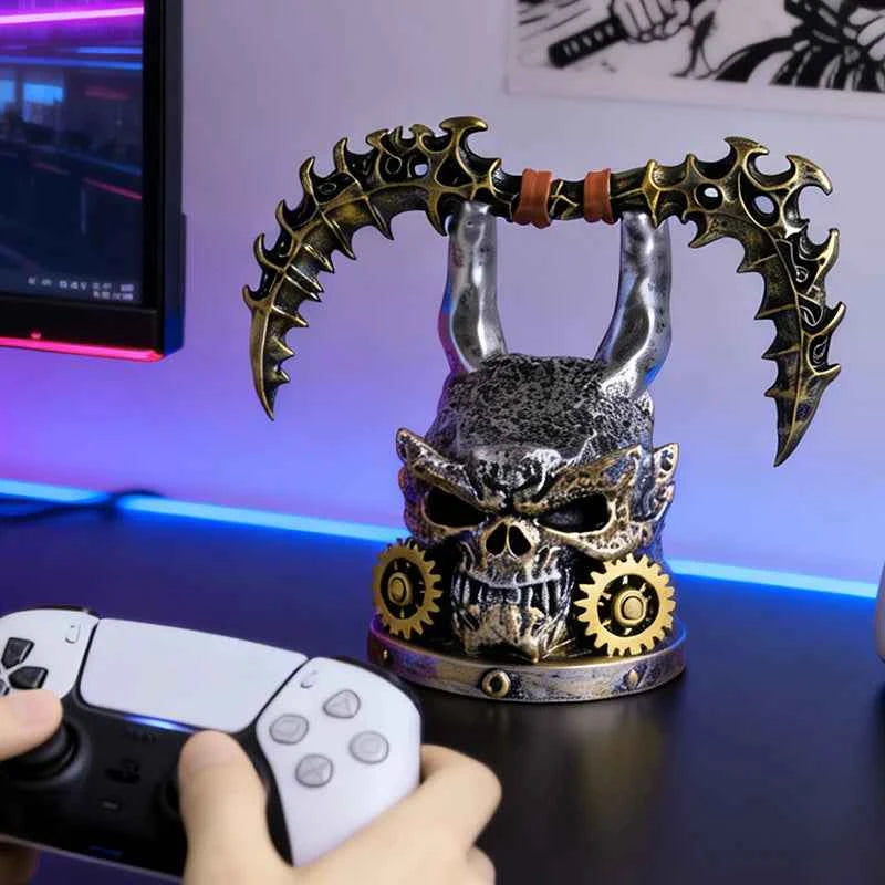 Gothic Skull Game Controller Stand Steampunk Resin Gamepad Holder Halloween Desktop Ornament Gaming Room Decor Gift for Gamers