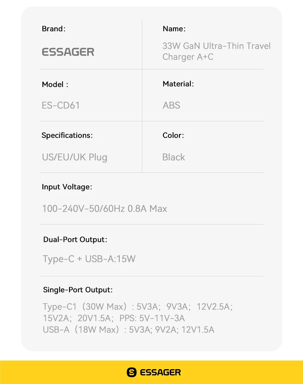 Essager Ultra Thin 65W GaN pro Travel Charger Quick Charge 4.0 PD3.0 Portable Type-C for iPhone 17 16 15Samsung MacBook Laptop