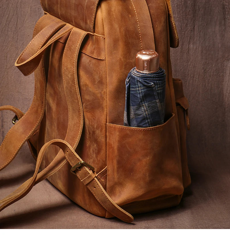 LUOKIR Genuine Leather Laptop Backpack 15 Inch – Vintage Crazy Horse Cowhide Business Travel Backpack for Men, Luxury School Computer Bag