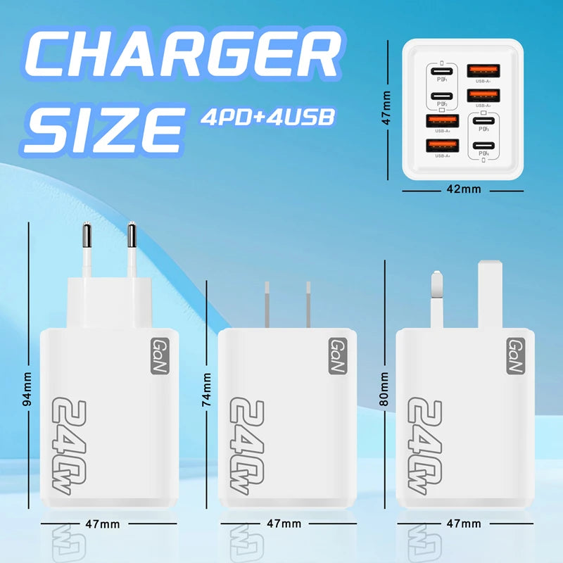 240W GaN USB C Charger 8 in 1 Fast Charging Phone Charger Power Adapter For iPhone Xiaomi Type C EU/US/UK Plug Wall Charger