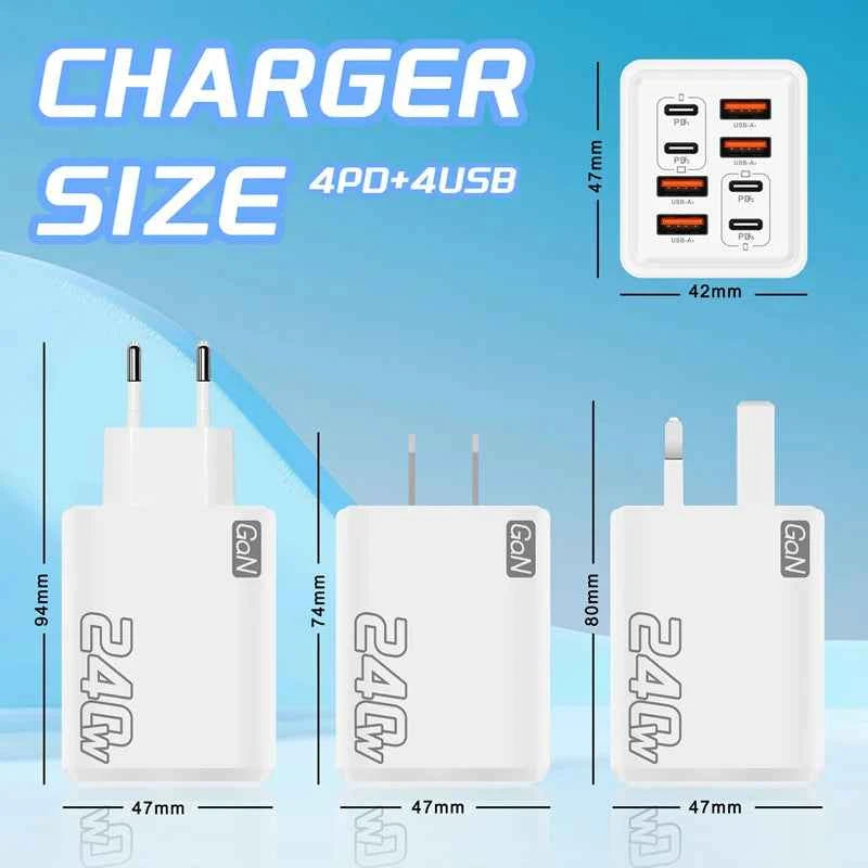240W GaN USB C Charger 8 in 1 Fast Charging Phone Charger Power Adapter For iPhone Xiaomi Type C EU/US/UK Plug Wall Charger