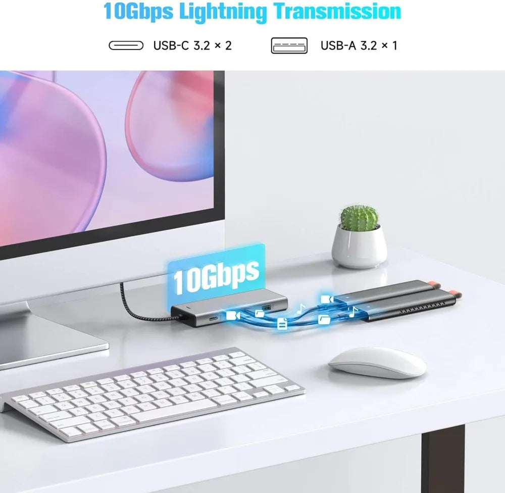 RSHTECH M.2 NVMe/SATA SSD Enclosure 5-in-1 Aluminum 10Gbps USB C Hub with 3 USB 3.2 Data Ports 100W Power Delivery and M2 SSD Docking Station External USB-C to M.2 Caddy for Laptops MacBook