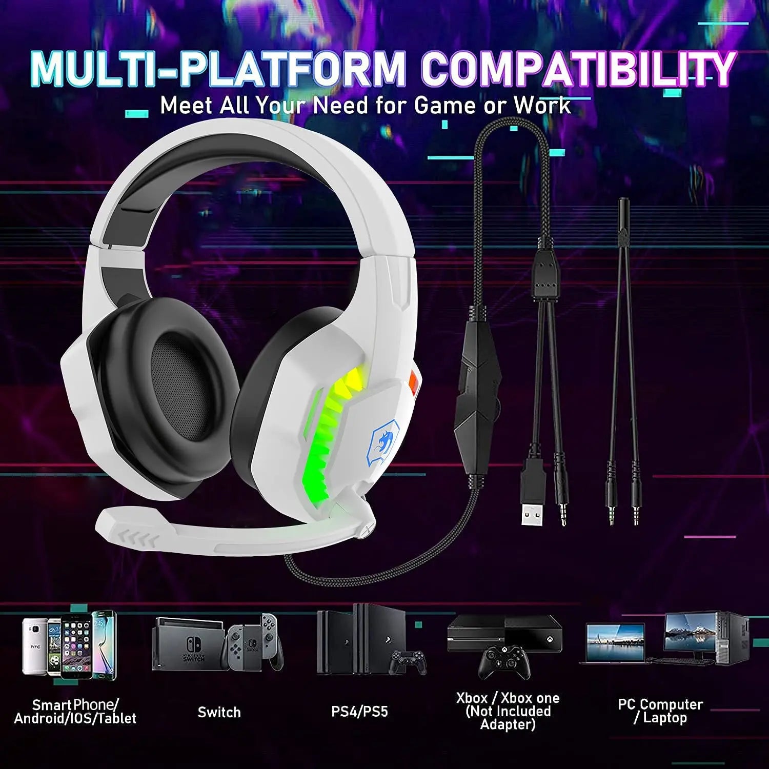 MAMBASNAKE T11 5-IN-1 Wired Rainbow LED Backlit Keyboard and Mouse, Over Ear Headphone with Mic, Gaming Mice and Pad, Speaker