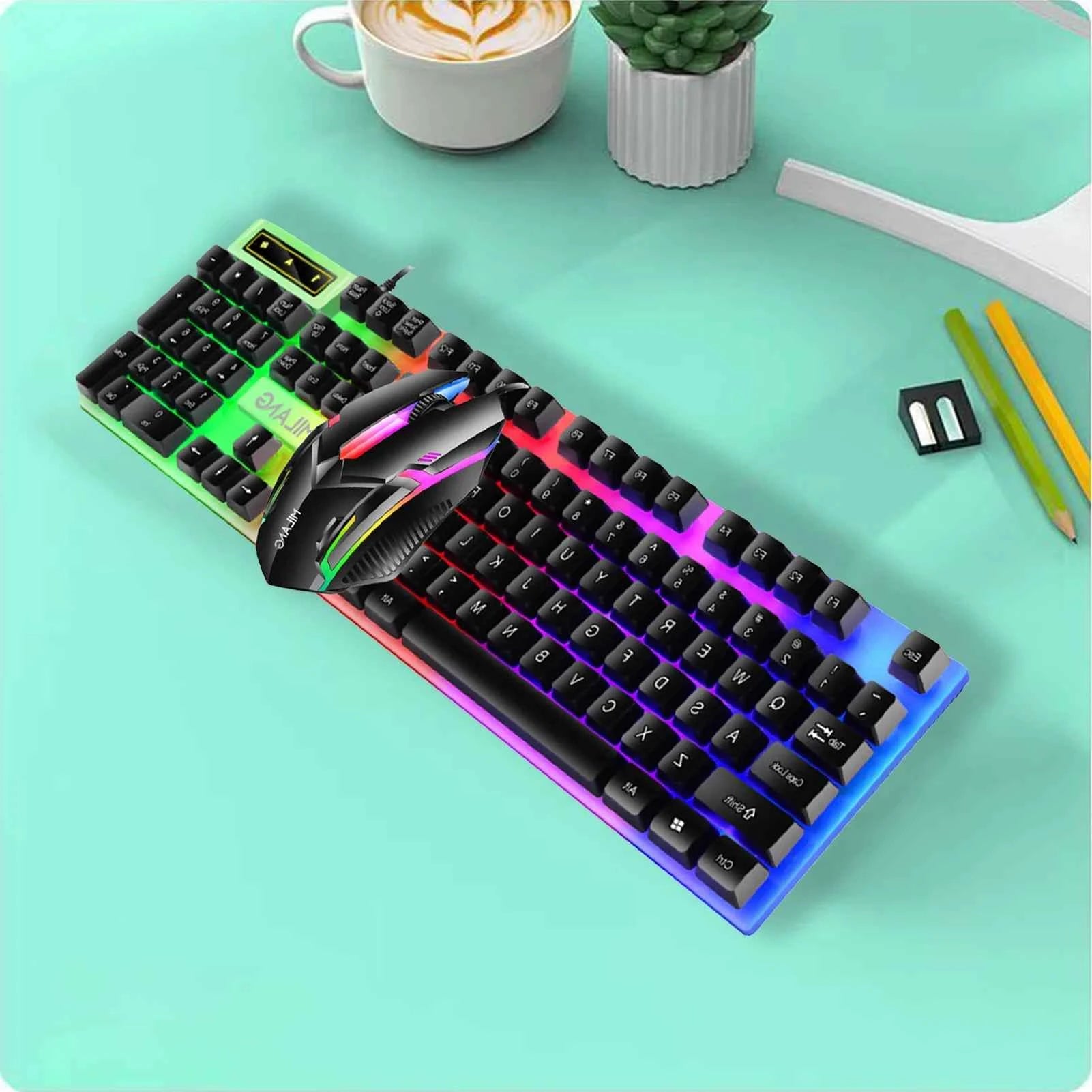 Full Sized Wired Gaming Keyboard and Wired Mouse Combination, with Rainbow LED, Wired USB Connection, Silent Keyboard, Ergonomic Wrist Support, Highly Sensitive Mouse, Suitable for Gamers, Students, and Office Professionals,