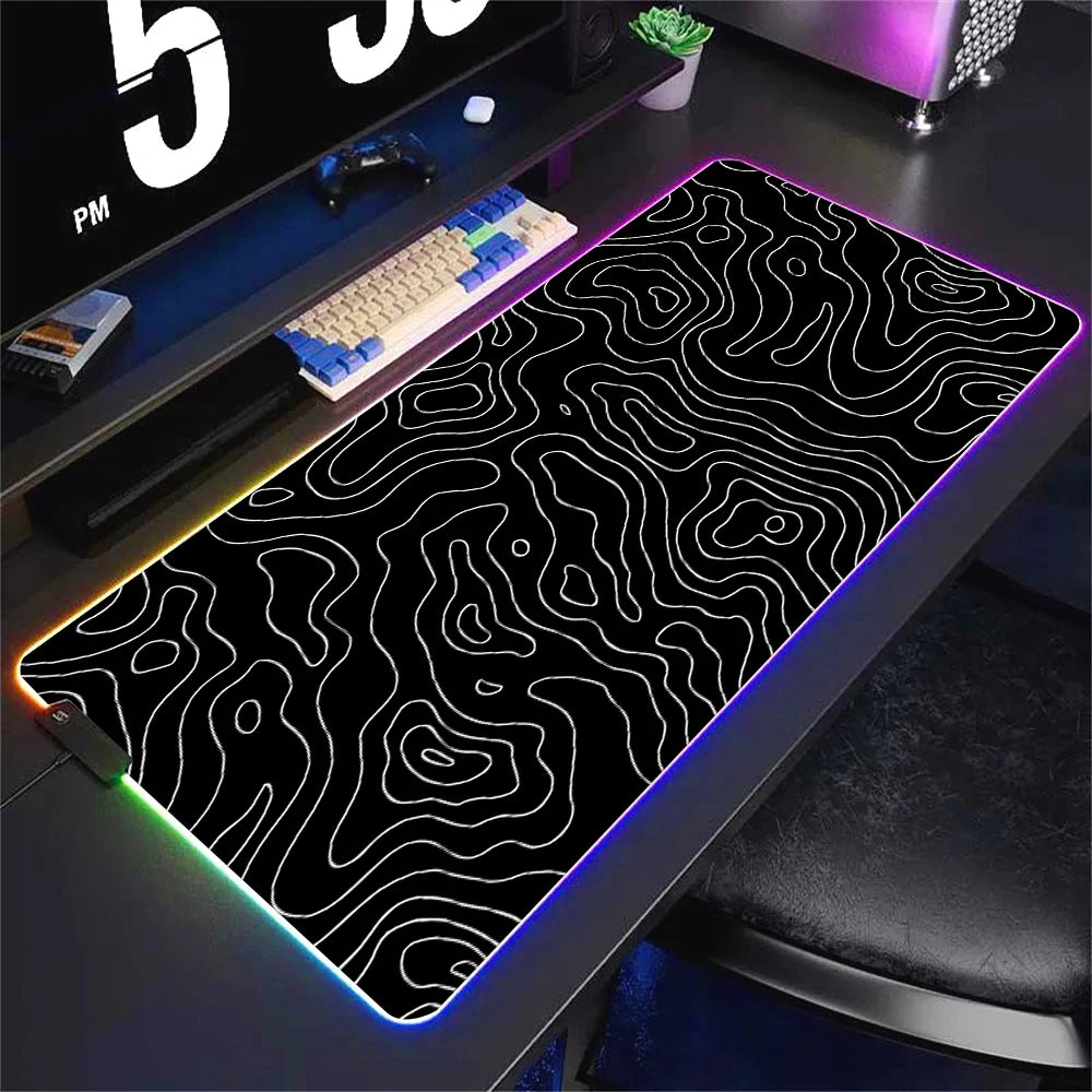 LED Desk Mat Black and White Lines RGB Computer Mouse Pad Gamer Cabinet Luminescence Abstract Mousepad Keyboard Gaming Deskmat