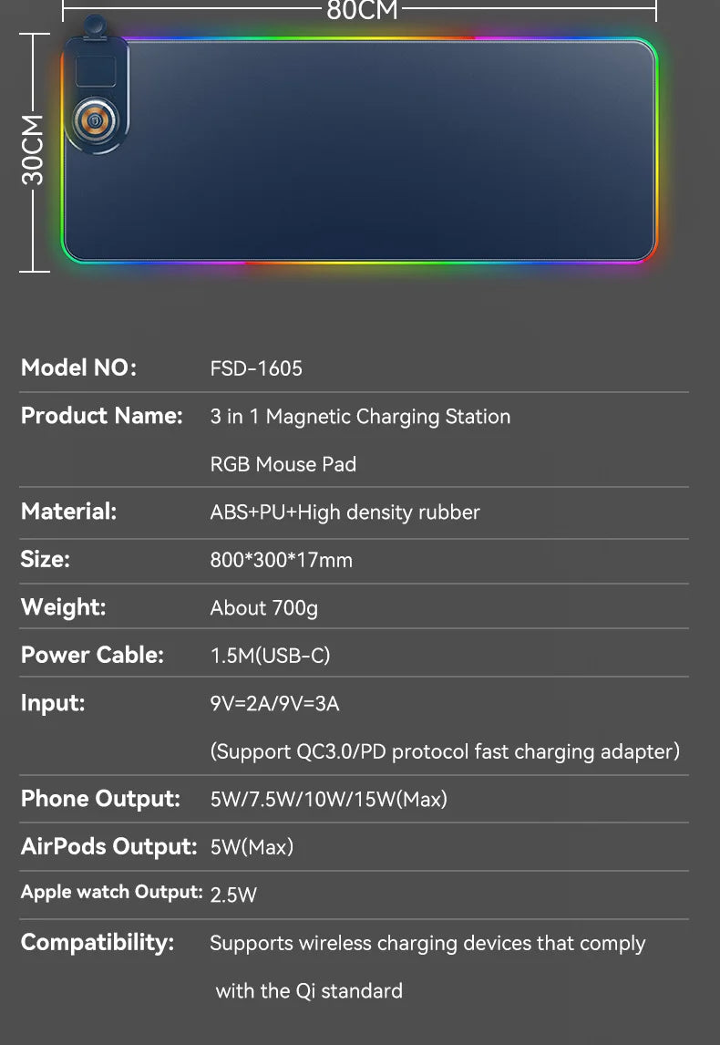15W 3 in 1 Wireless Charging Mouse Pad Customized Desk Pad Fantasy Glowing Game Pad Rubber Cloth Mouse Pad Super Large Mat