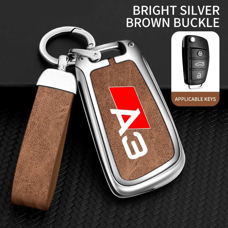 Zinc Alloy Leather Car Remote Control Key Case Cover Holder Shell For Audi A3 8P 8V 8L S3 RS3 Custom LOGO Protected Keychain Bag
