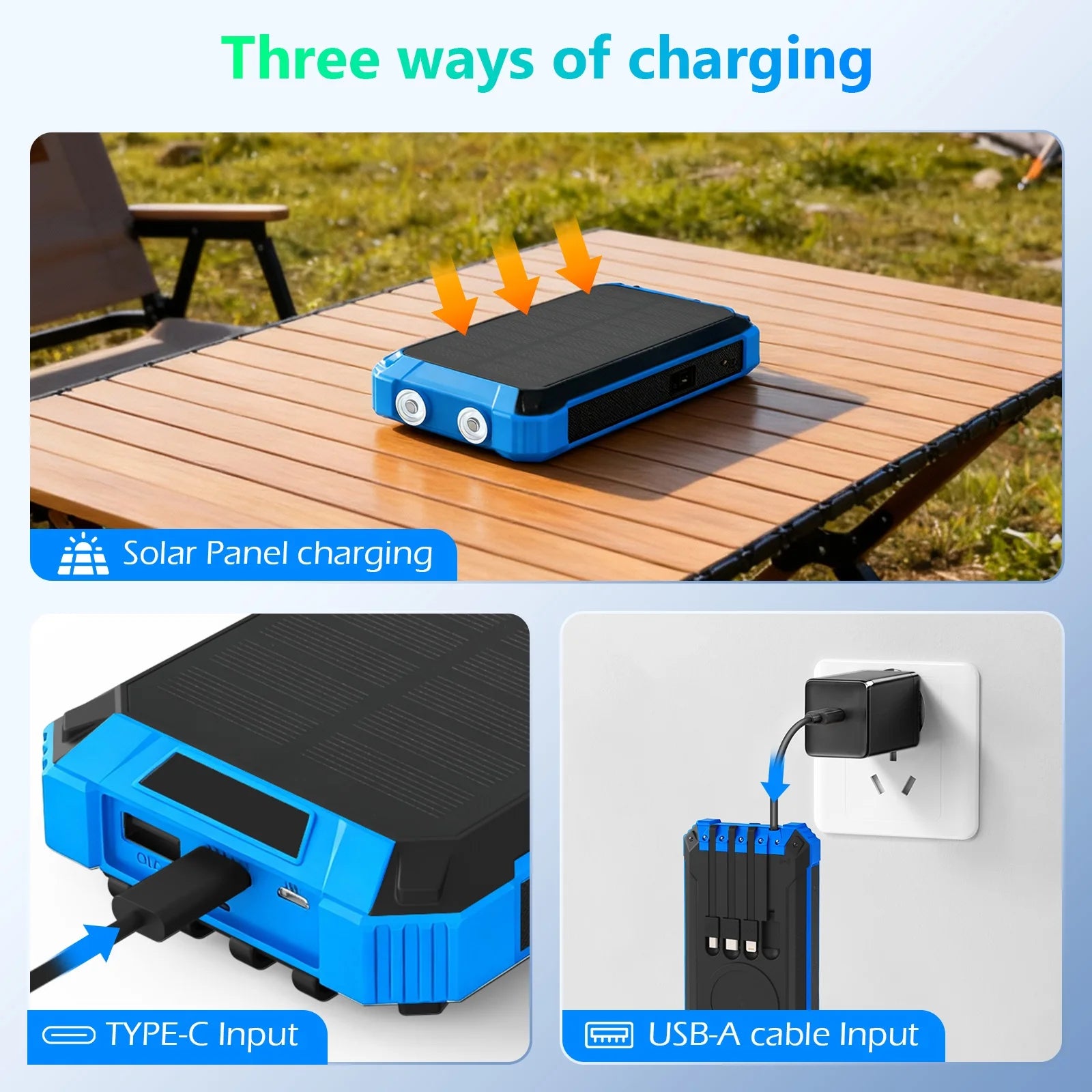 20000mAh Portable Solar Power Bank Wireless Charging 18W Dual LED Lights 4 Built-in Charging for iPhone Android Phones AirPods