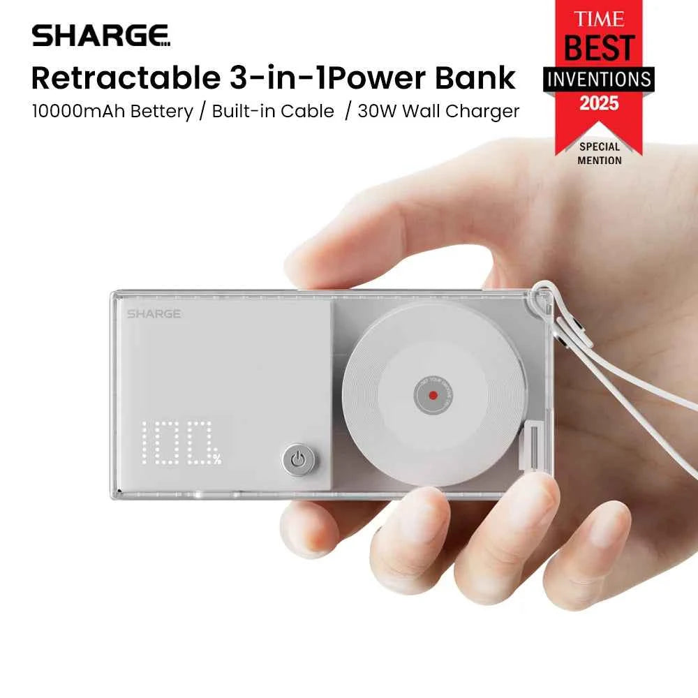 SHARGE 3-in-1 Portable Power Bank 30W USB-C Charger with USB-C Cable 10,000mAh AC Plug Max Battery Pack for iPhone 16/15 Galaxy