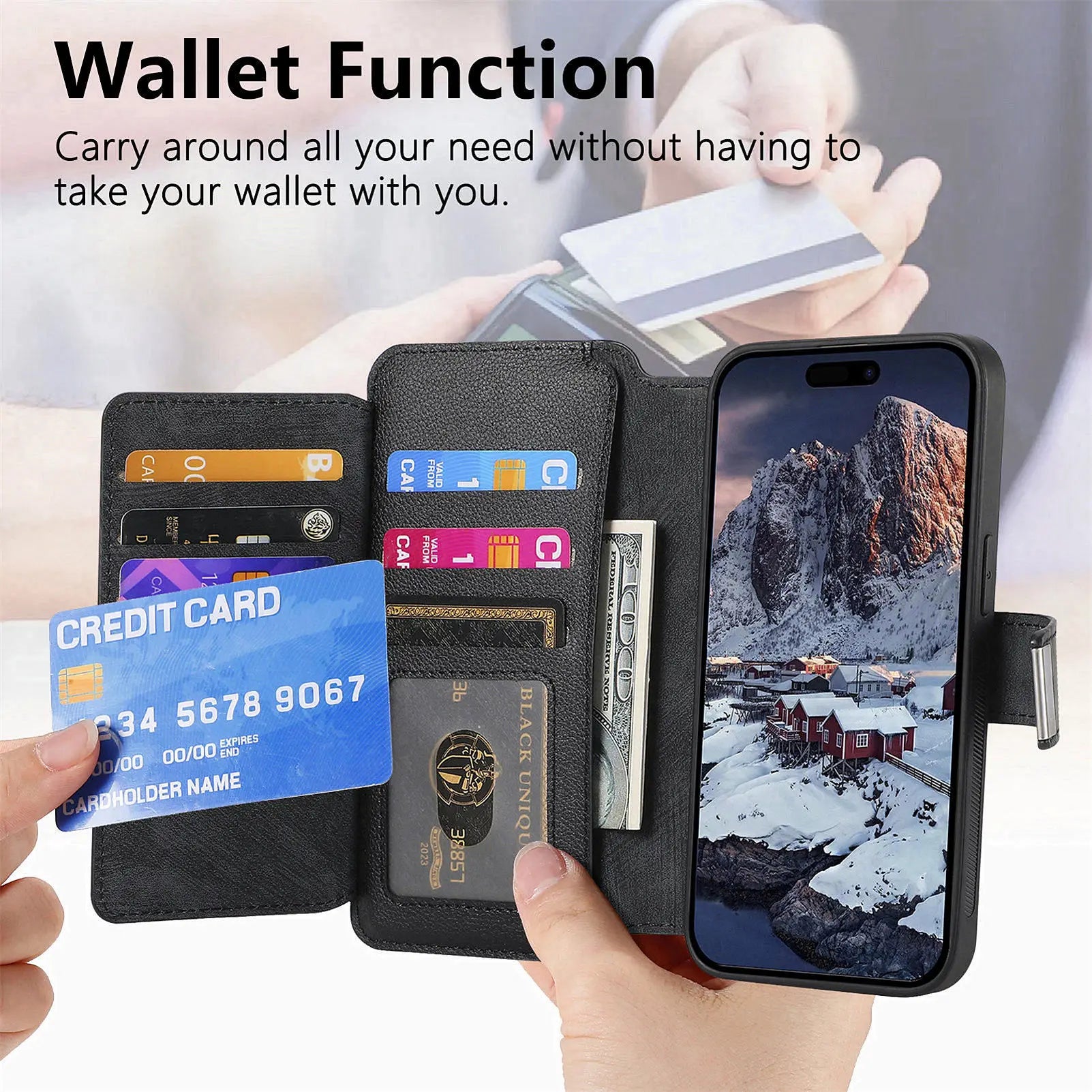 For iPhone 15 14 13 12 11 XS Max XR 8 7 6 Plus Wallet Case, Zipper Storage Design, Detachable Magnetic Flip Folio Cover