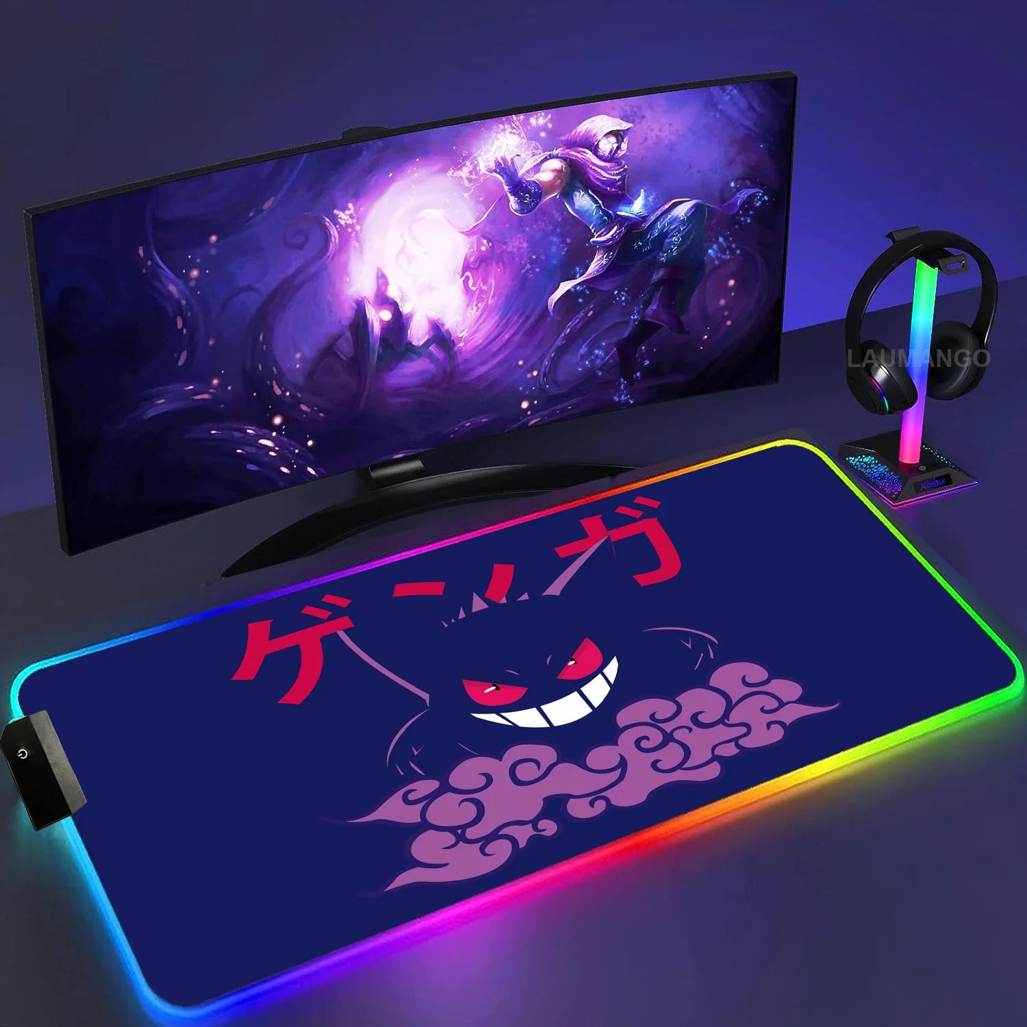 Gengar Mousepad Pokemon RGB LED Purple Mouse Pad Gaming Accessories Ghost Big Extended Keyboard Carpet PC Anime Desk Mats - WinSupport Tech