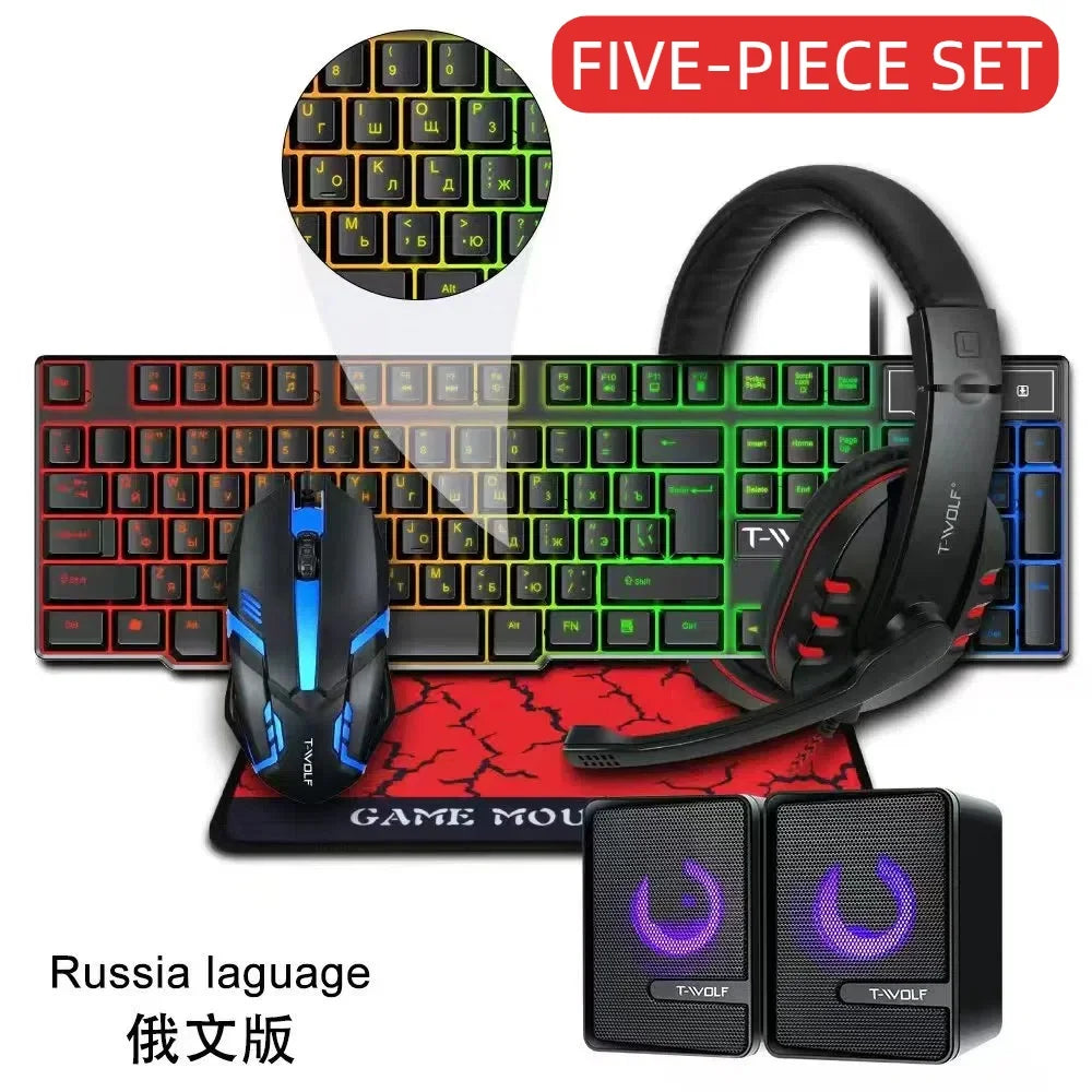 T-WOLF Thunderwolf TF880 Wired Keyboard, Mouse, Headphones and Audio Five-piece E-sports Game Enjoy Super Fast Moving Speed.