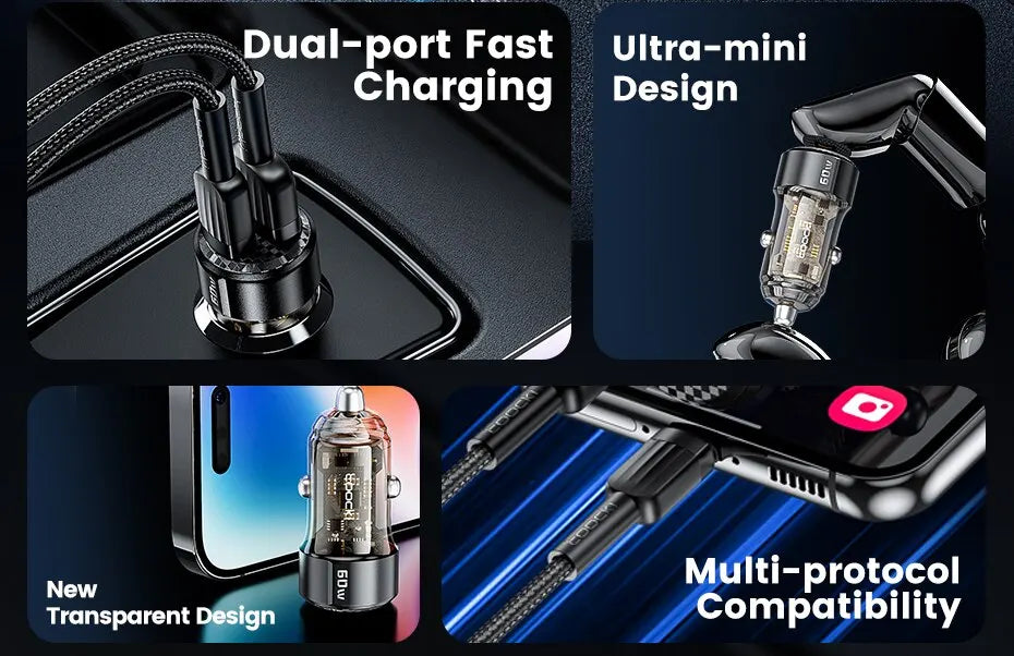 Toocki 60W Car Charger 30W Quick Charge Transparent Case PD 27W for iPhone 15 14 13 12 Xiaomi Poco Samsung Fast Charger Charging