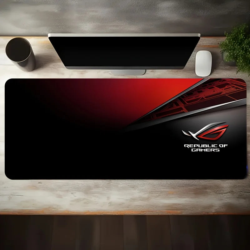 1pc Large Gaming Mouse Pad with Red Black ROG Design Non-Slip Durable Rubber Keyboard Mat for PC Office Decor XXL Desk Accessory
