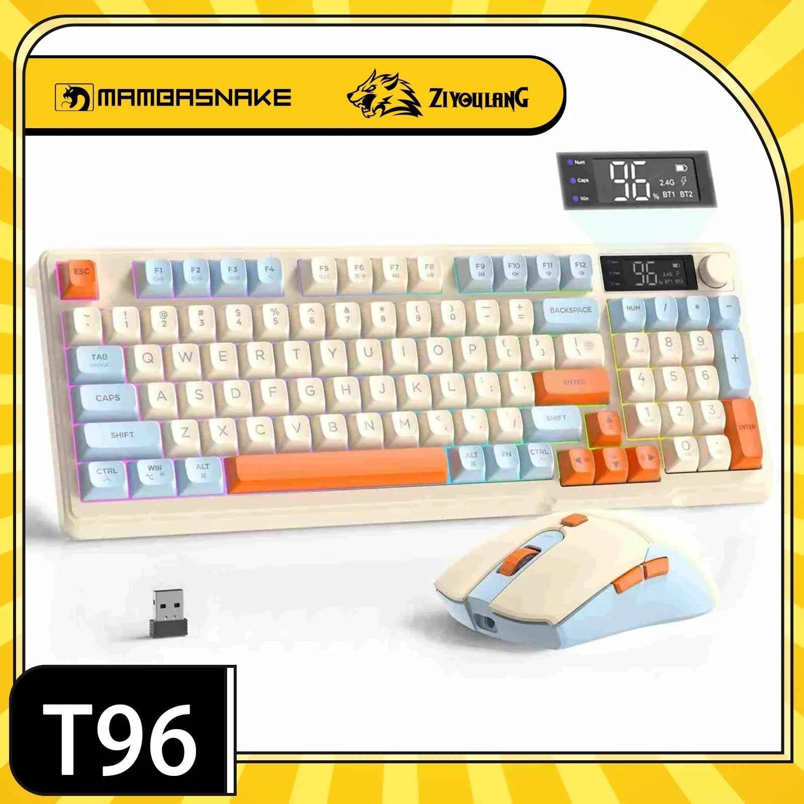 MAMBASNAKE x FREEWOLF T96 Smart Display Wireless Membrane Keyboard and Mouse Comb, 94Key LED Lighting Rechargeable Silent