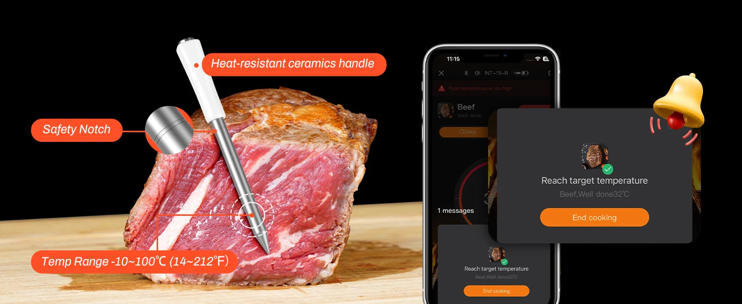 INKBIRD INT-11I-B Mini Wireless Meat Thermometer, Bluetooth 5.4 1000ft, 1s Response, IP67, 26 Presets, LED Display, for BBQ/Gril