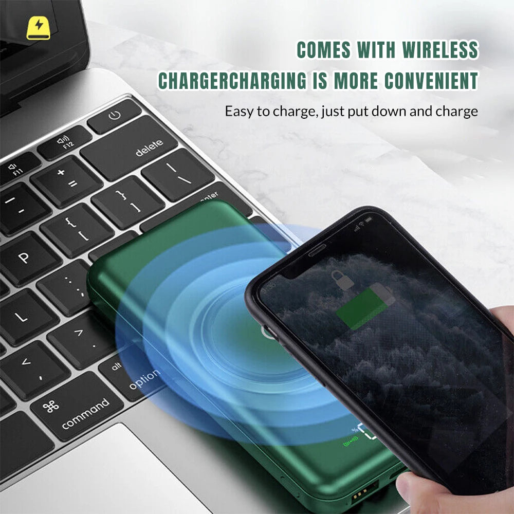 Built-in 4 Cables Wireless Power Bank 22.5W Fast Charging 15W Qi Wireless Portable External Battery Pack Digital LED Display Multi-Device Simultaneous Charging Pocket Size Powerbank For iPhone Samsung Android Phone Travel Out