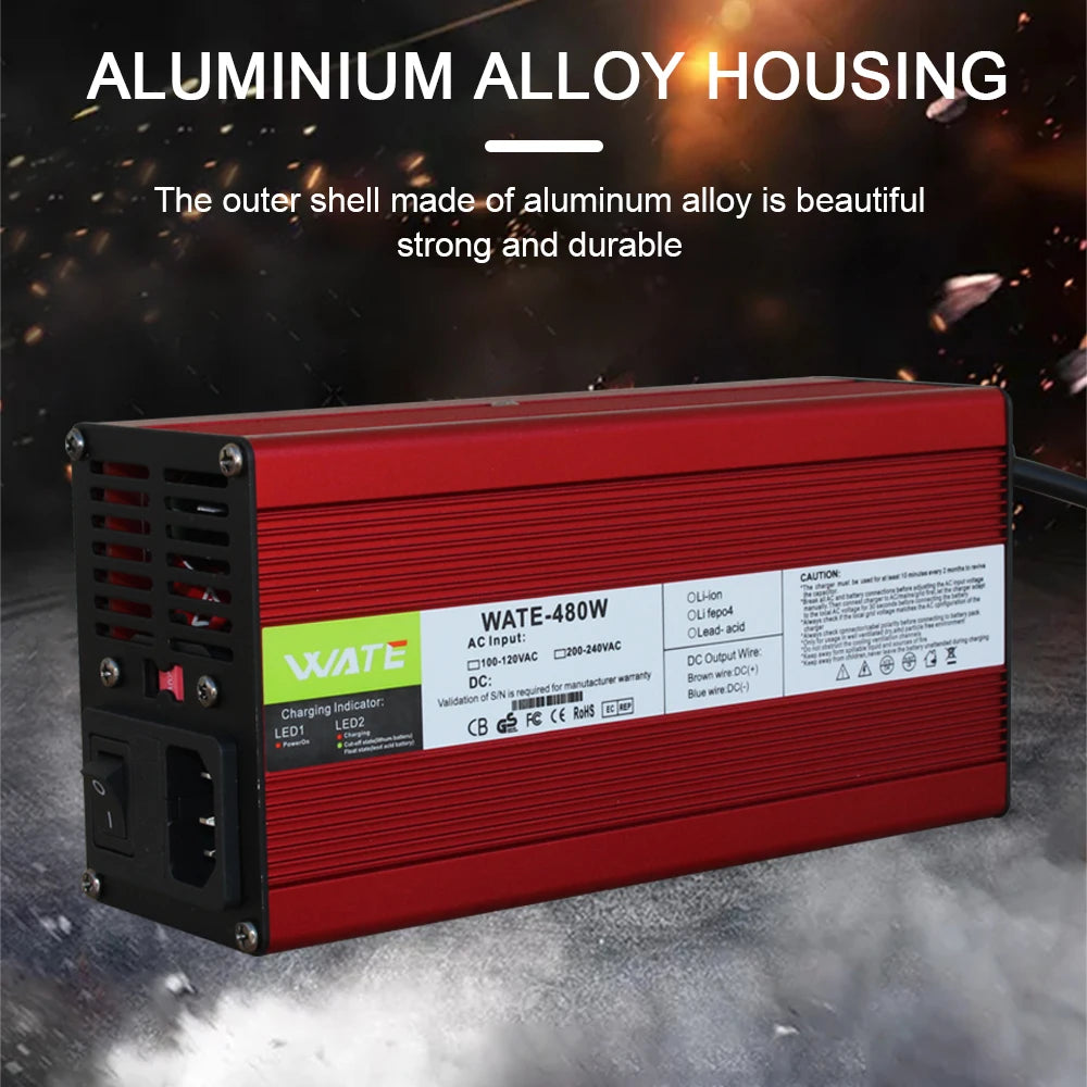 54.6V 8A Charger 13s 48V Lithium ion Battery Charger Output With Cooling Fan Red Aluminum Shell