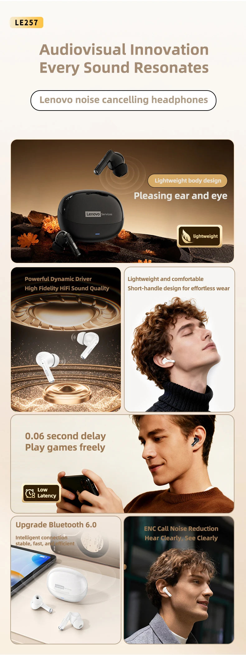 Lenovo LE257 Wireless Bluetooth 6.0 Earphones HiFi Sound ENC Call Noise Reduction TWS Headphones Gaming Sports Headset with Mic