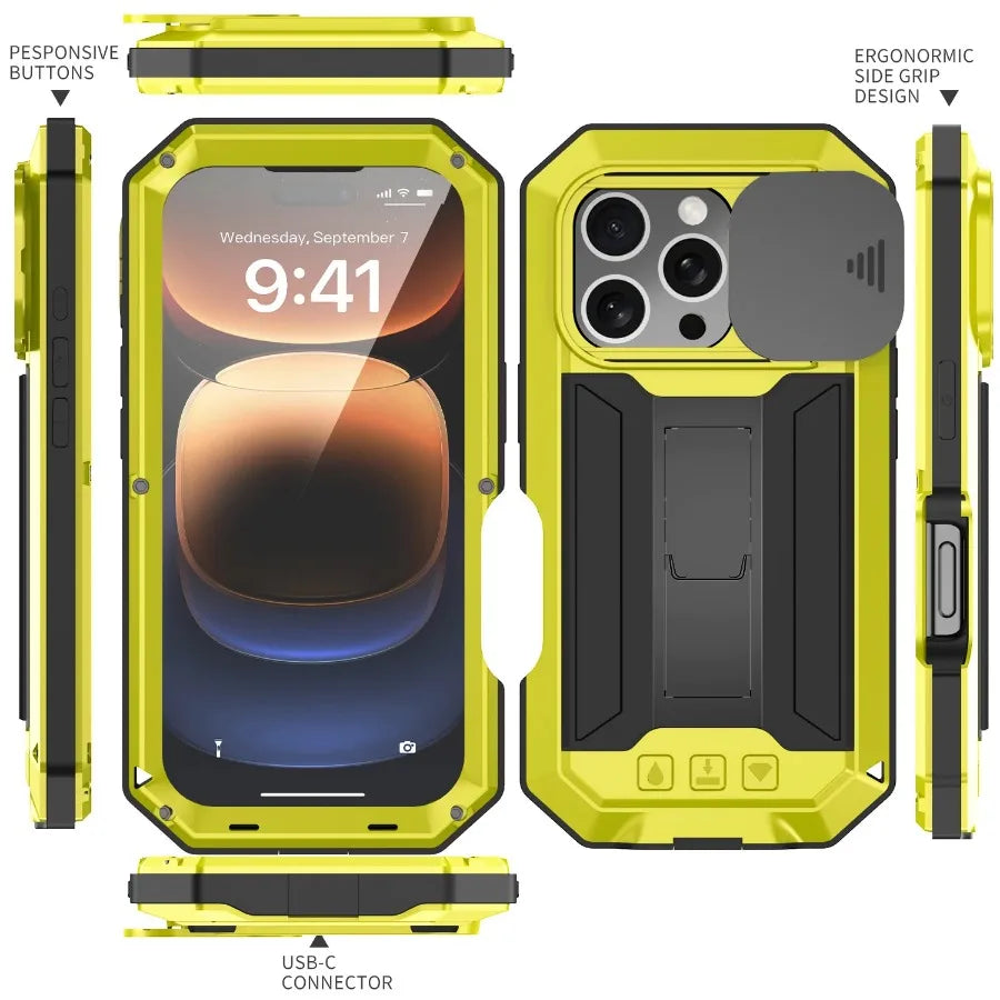 Rugged Metal Phone Case For iPhone Air 17 16e 16 Pro Max Heavy Military Shockproof Shell Slide Camera Cover Screen Protect