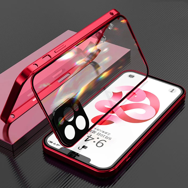 360°Full Protected Metal Magnetic Double-Sided Glass Snap Lock Phone Case For iPhone 16 Pro Max 14 13 12 15 Pro Max Bumper Cover