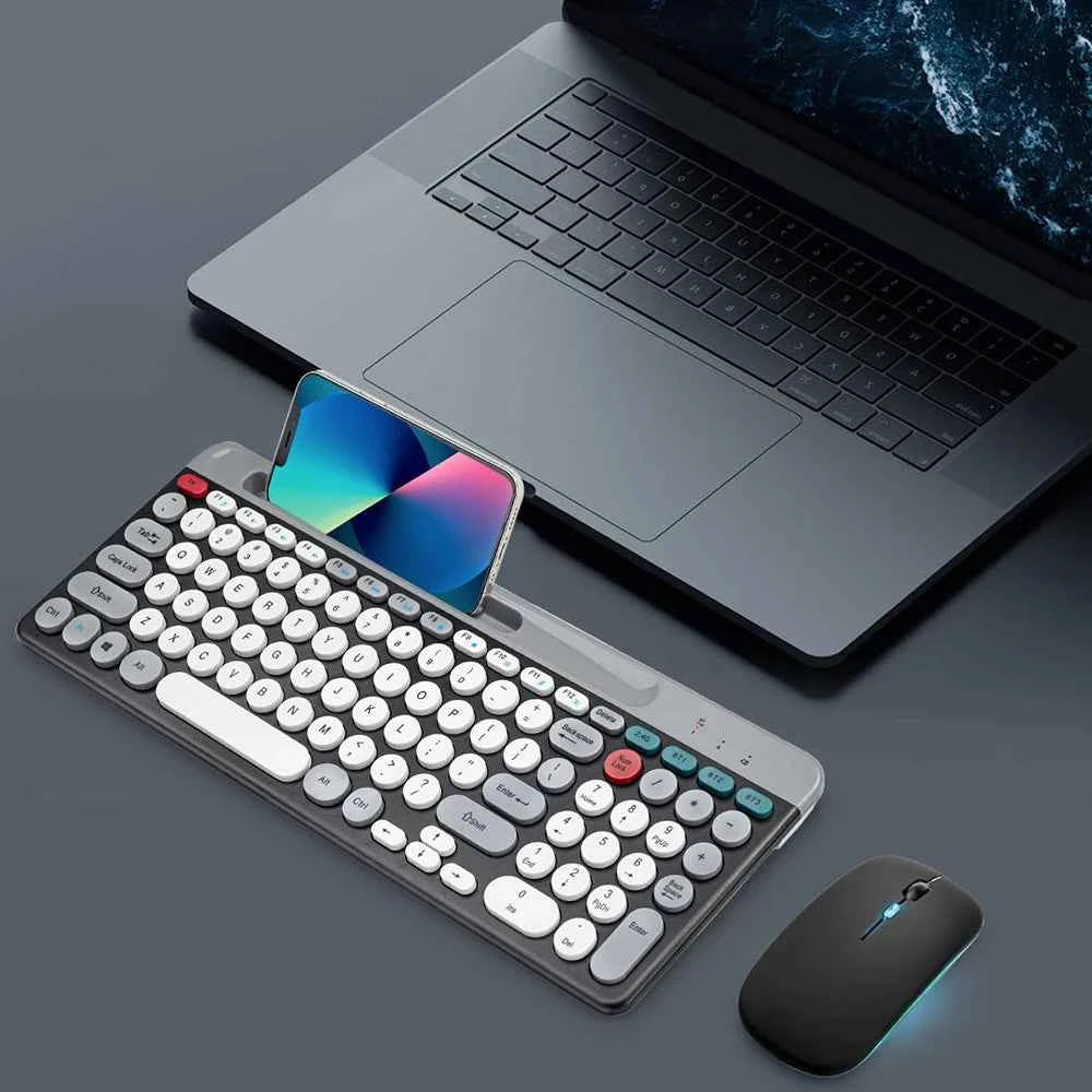 Dual Mode Wireless Keyboard And Mouse Set Vintage Punk Style Round Keycaps Rechargeable Suitable For Laptops Tablets And Desktop