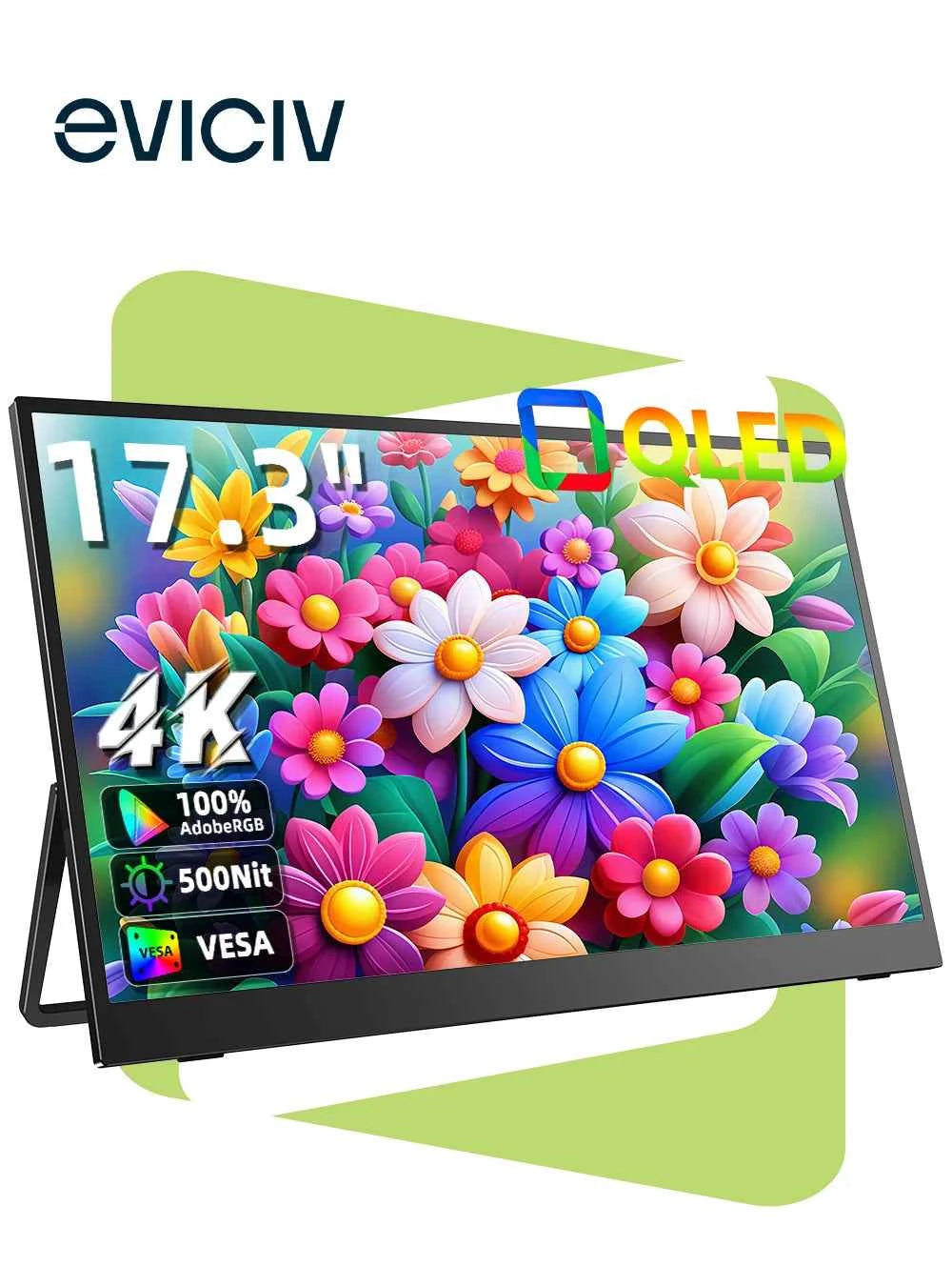 EVICIV 17.3'' 4K Portable Monitor 500 Nits 100% AdobeRGB UHD FreeSync HDR IPS Speakers Eye Care External Screen for Laptop PC Xb