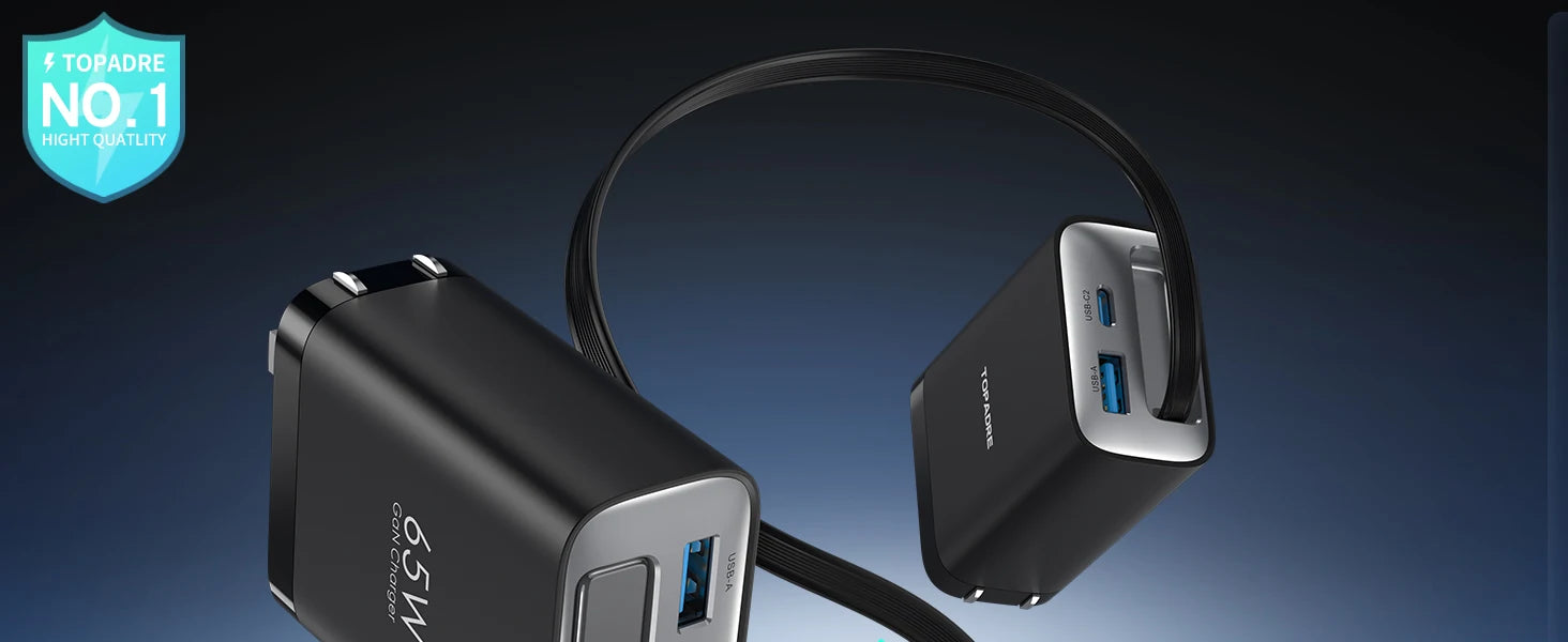 65W GaN PD3.1 Fast Charger With Retractable Cable , 3-Port Type-C + USB-A Travel Adapter For IPhone ,  Laptops, Galaxy Series