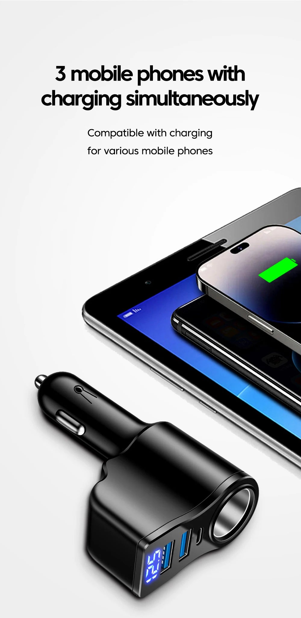 66W 4 Ports Digital Display Car Cigarette Lighter Power Adapter 3.1 A USB PD Car Phone Multifunctional Charger For iPhone Huawei