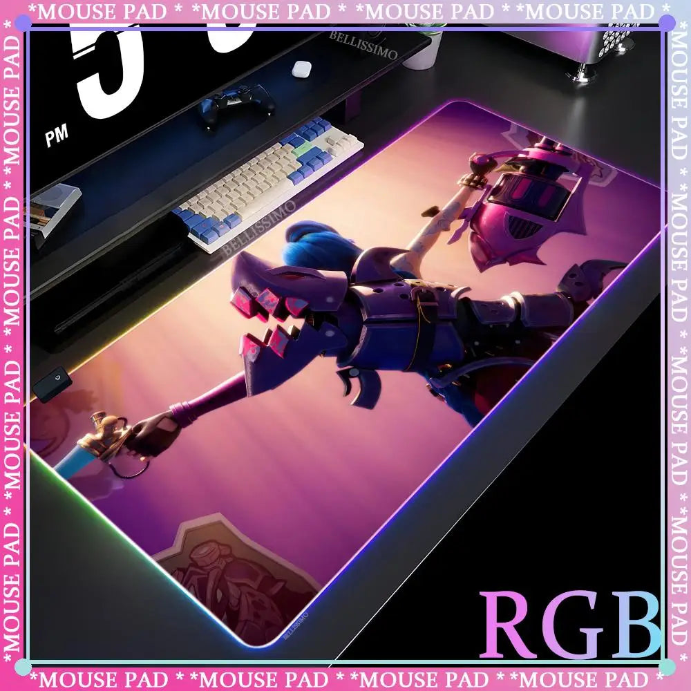 RGB League of Legends MousePad Gamer Jinx Anime Girl LED Game Accessories Keyboard Pad Large Desk mats Rubber Luminous Mouse Pad