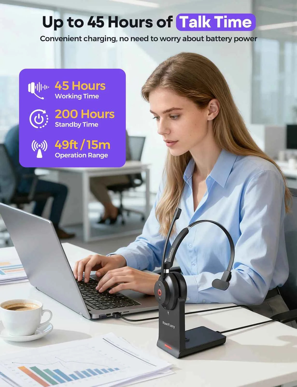 RownFusny R03 Call Center Wireless Headset Bluetooth 5.3 Computer Headphones Bluetooth Headsets with USB Noise Reduction Mic