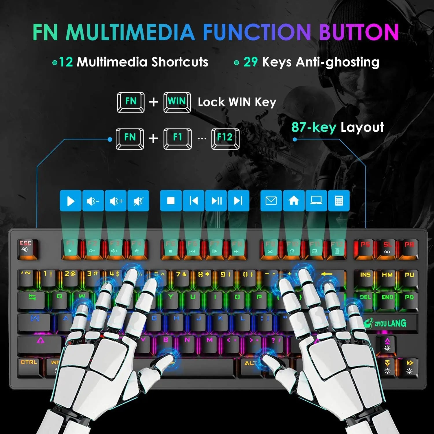 MAMBASNAKE x ZIYOU LANG K2 Wired Mechanical Gaming Keyboard Blue Switch Mini 82 Keys Wired Rainbow LED Backlit Keyboard