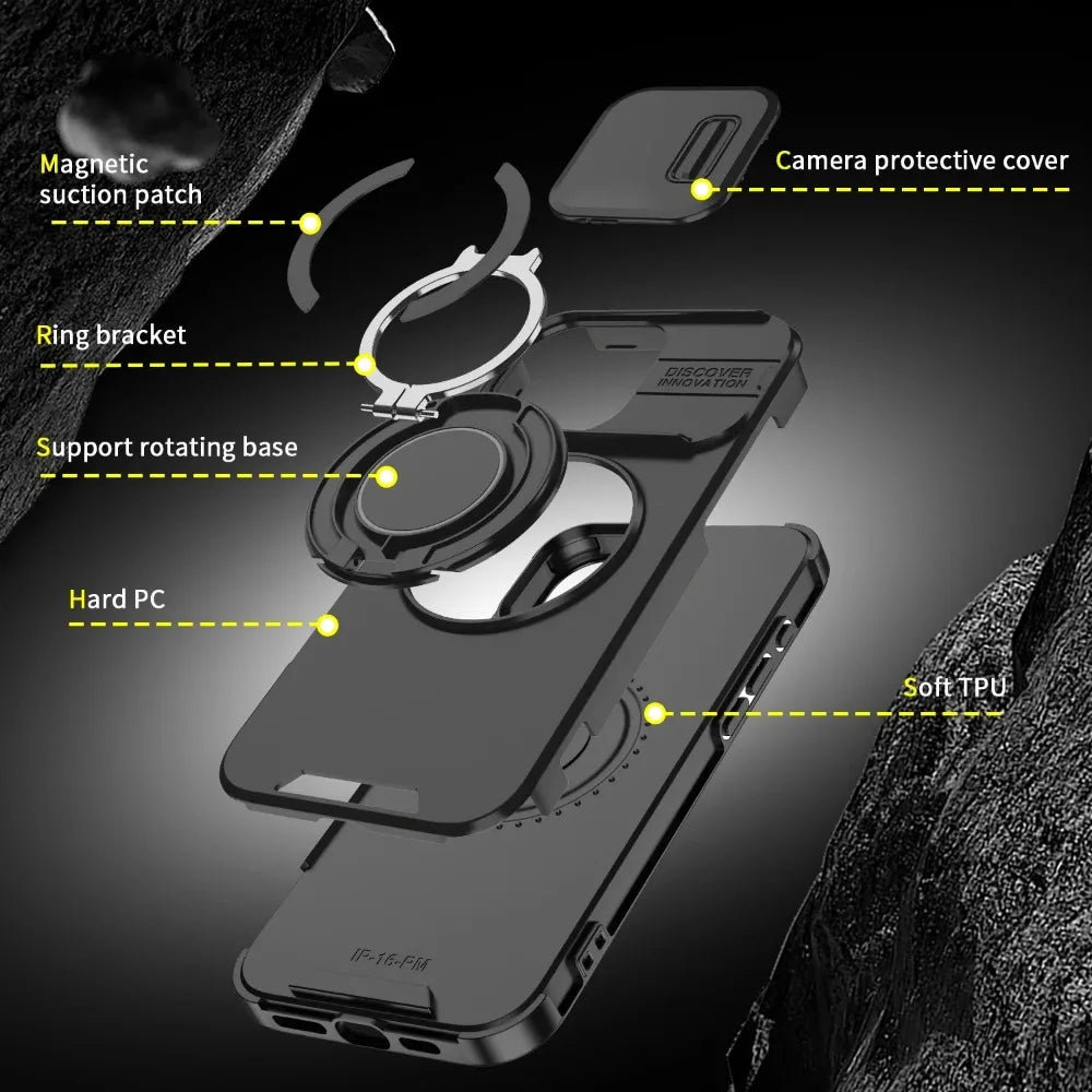 Luxury Heavy-Duty Rugged Armor Magnetic Bracket Case For iPhone 16 15 14 13 12 11 Pro Max Plus Slide Camera Protection PC Cover