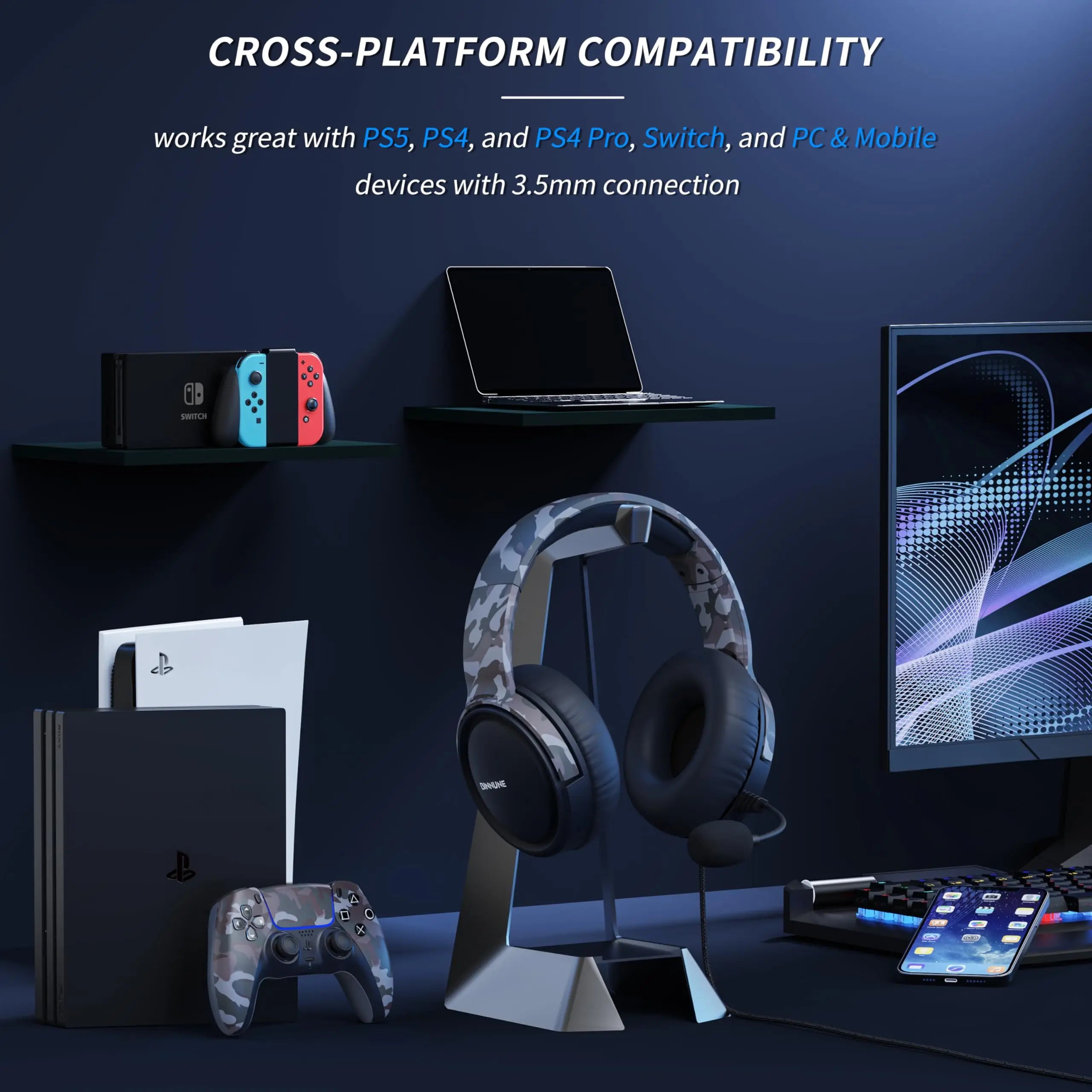 BINNUNE Gaming Headset with Mic – Wired Headphones for PS5, PS4, Xbox Series X|S, Xbox One, PC & Switch, Noise Cancelling Stereo Gaming Headphones.