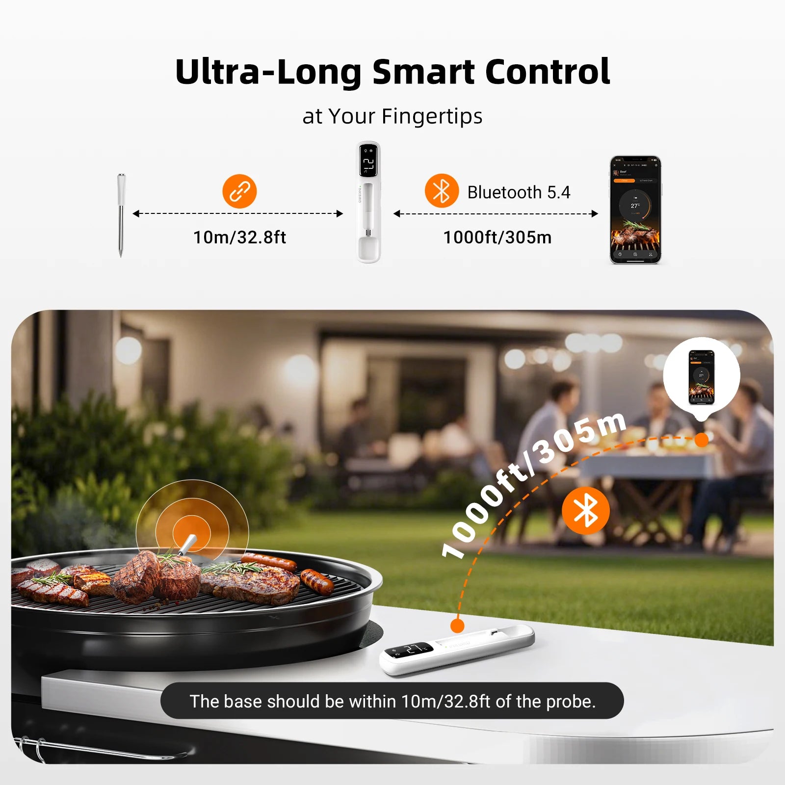 INKBIRD INT-11I-B Mini Wireless Meat Thermometer, Bluetooth 5.4 1000ft, 1s Response, IP67, 26 Presets, LED Display, for BBQ/Gril