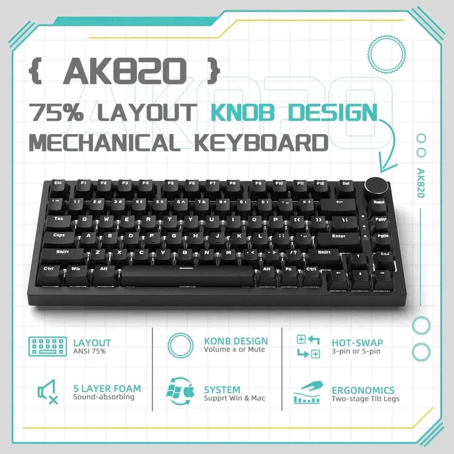 AJAZZ AK820 Wired With Rotary Volume Buttons Hot-Swappable Keys For Office AndHome Mechanical Keyboards DIY