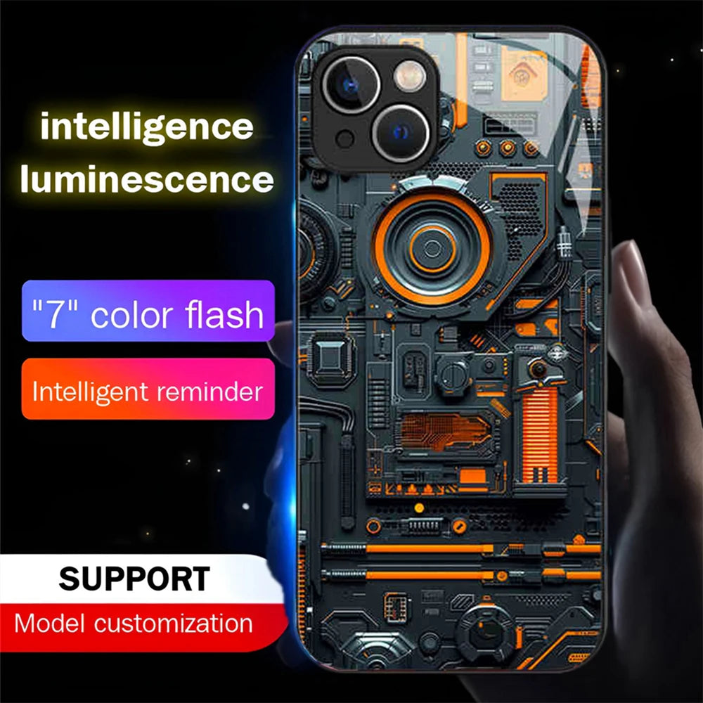 Luxury Blue Chip Pattern Luminous Glass LED Call Light Up Flash Phone Case Cover For iPhone Air 17 16 E 15 14 13 12 Pro Max Plus
