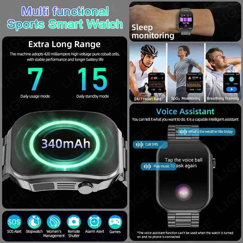 LIGE New 2.2-inch 3D Curved Screen Smart Watch With LED Light Thermometer Health Monitor Smartwatch BT Call Sports Fitness Watch
