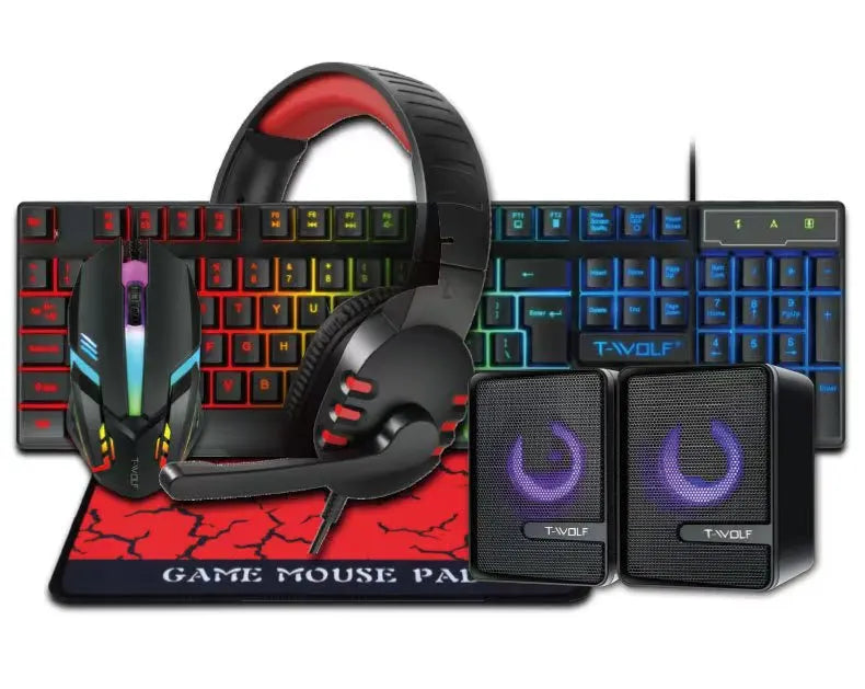 T-WOLF Thunderwolf TF880 Wired Keyboard, Mouse, Headphones and Audio Five-piece E-sports Game Enjoy Super Fast Moving Speed.
