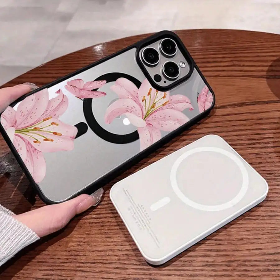 Pink Lily Magnetic Phone Case For iPhone 17 16 15 14 13 12 11Pro Max Plus It features a stylish pattern design
