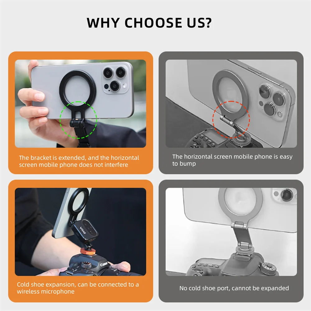VRIG Magnetic Cold Shoe Mount Phone Holder W 1/4 Phone Tripod Mount for MagSafe iPhone 16 15 14 Samsung Camera Mic Light Monitor