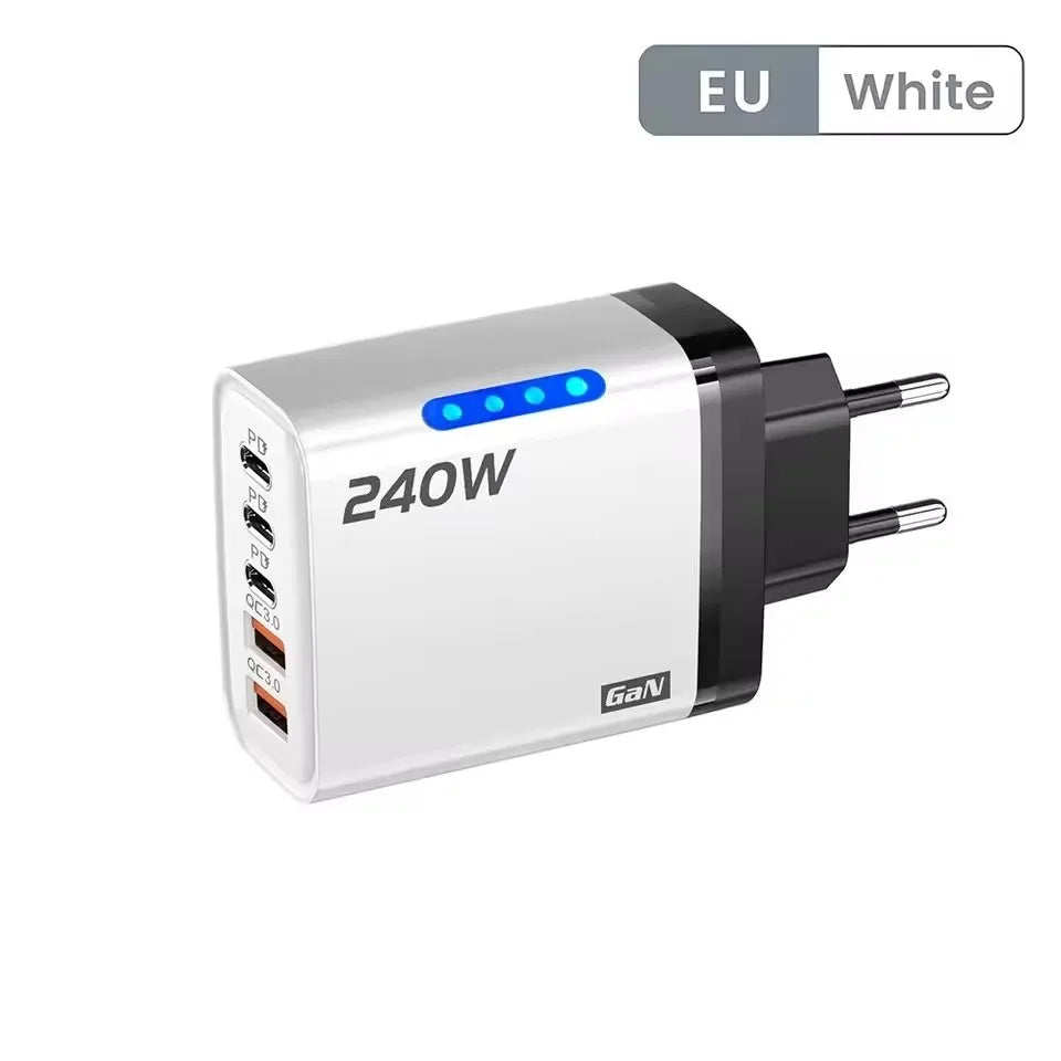 5 IN 1 GaN Desktop Charger For iPhone17 16Pro Laptop Samsung 240W Fast Charging Adapter 10A USB To Type-C Cable 3PD 2USB Charger
