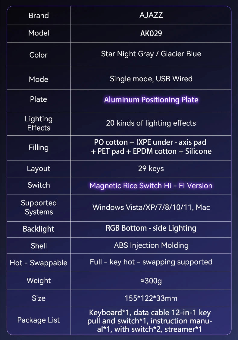 AK029 Wired Gaming Keyboard, 20 RGB Modes, 29 Keys, Hot-Swappable, Aluminum Panel