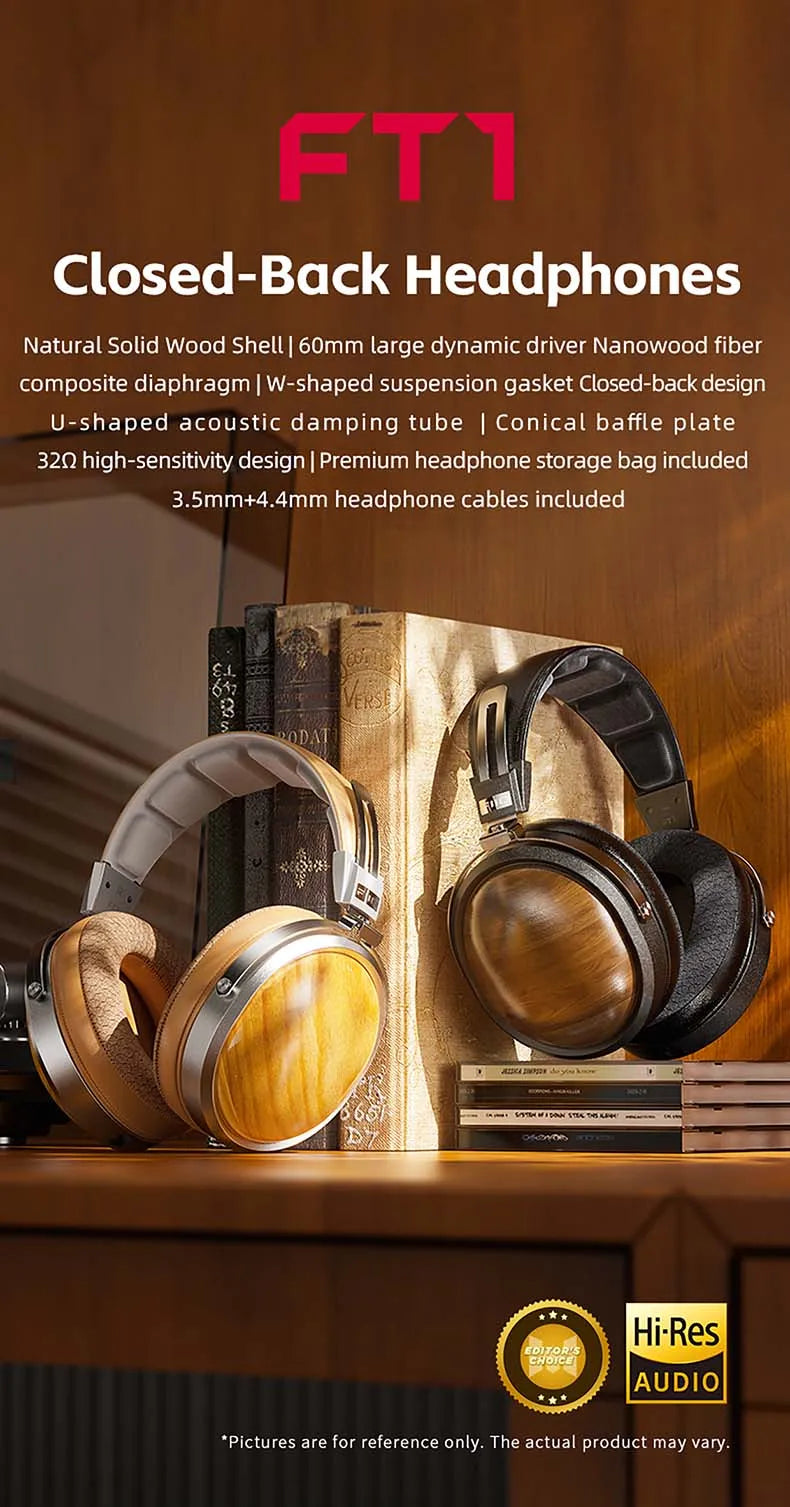 FiiO FT1-New version Closed-Back Over-Ear  Fiber Composite Diaphragm Wired Hi-Fi Headphones, American walnut Ear Cups for Studio