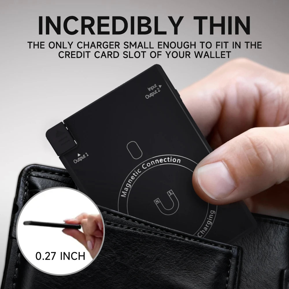Magnetic Card-Size Power Bank 2650mAh Ultra-Slim Portable Charger with Built-in USB-C & Lightning Cables 7.5W Quick Charge